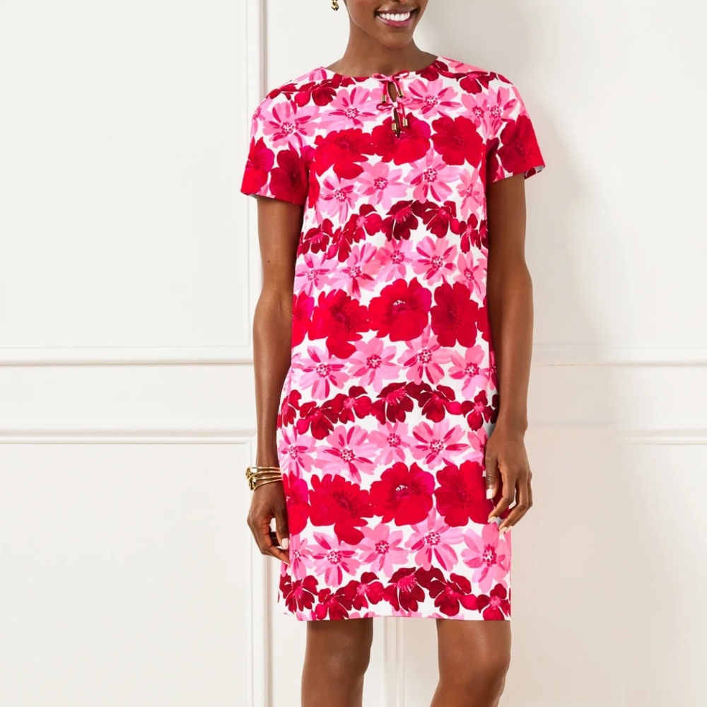 TALBOTS Preppy Resort Party Floral Bow Accent Short SLV Sheath Pink/Red Dress 14